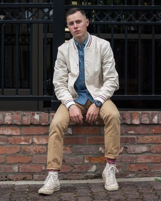 White and Navy Varsity Jacket Outfits For Men: 