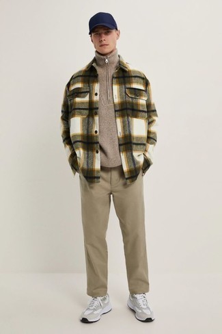 Men's Grey Athletic Shoes, Khaki Chinos, Olive Plaid Flannel Long Sleeve Shirt, Tan Zip Neck Sweater