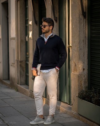 Men's Grey Leather Low Top Sneakers, Beige Chinos, Light Blue Vertical Striped Long Sleeve Shirt, Navy Zip Neck Sweater