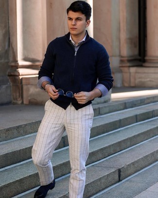 Navy Zip Sweater Outfits For Men: 