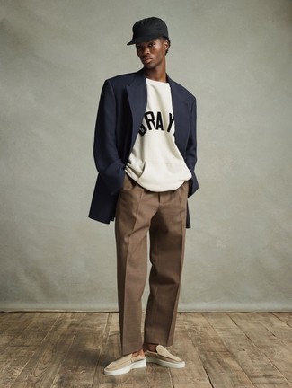 Men's Beige Suede Loafers, Brown Chinos, White and Black Print Long Sleeve T-Shirt, Navy Blazer