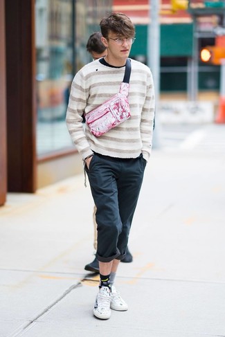 Beige Horizontal Striped Crew-neck Sweater with Black Chinos Outfits: 