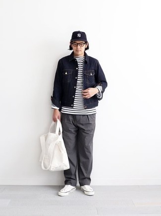 Men's White Canvas Low Top Sneakers, Grey Chinos, White and Navy Horizontal Striped Long Sleeve T-Shirt, Navy Denim Jacket
