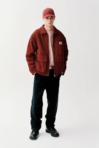 Men's Black Leather Casual Boots, Navy Corduroy Chinos, Pink Long Sleeve T-Shirt, Red and Black Check Harrington Jacket