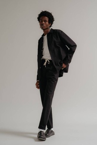 Men's Black Leather Loafers, Black Chinos, White Long Sleeve T-Shirt, Black Long Sleeve Shirt