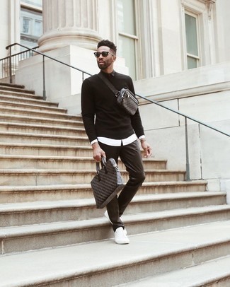 Men's White Canvas Low Top Sneakers, Black Leather Chinos, Black Long Sleeve T-Shirt, Black and White Long Sleeve Shirt