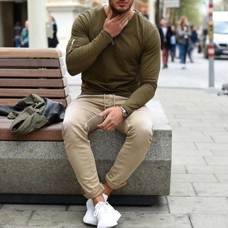 Olive Military Jacket with Beige Chinos Outfits: 