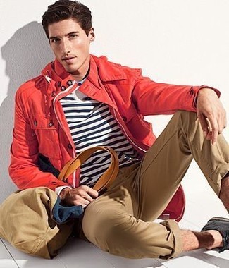 Men's Black Suede Derby Shoes, Khaki Chinos, White and Navy Horizontal Striped Long Sleeve T-Shirt, Red Raincoat