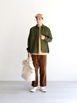 Men's White Canvas High Top Sneakers, Brown Corduroy Chinos, Yellow Long Sleeve T-Shirt, Olive Shirt Jacket