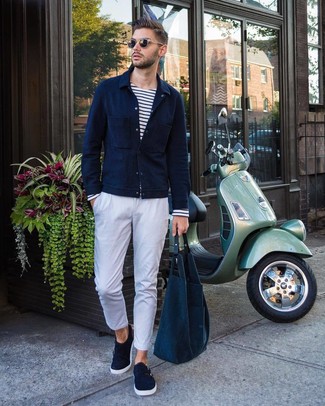 Men's Navy Suede Double Monks, White Chinos, White and Navy Horizontal Striped Long Sleeve T-Shirt, Navy Shirt Jacket