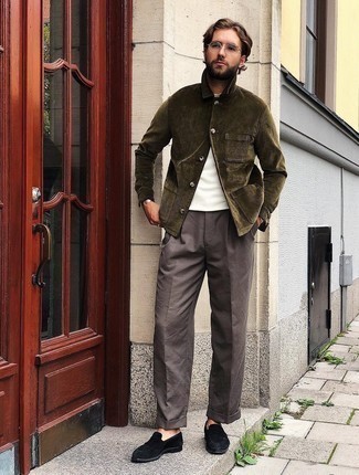Men's Black Suede Loafers, Brown Chinos, White Long Sleeve T-Shirt, Olive Corduroy Shirt Jacket