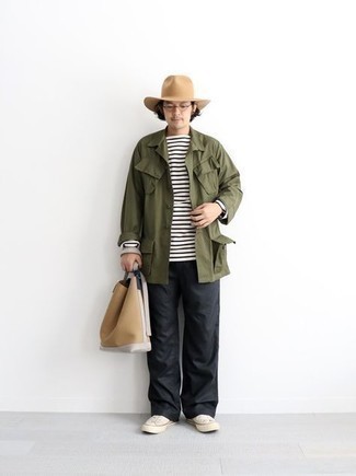 Men's White Canvas Low Top Sneakers, Black Chinos, White and Black Horizontal Striped Long Sleeve T-Shirt, Olive Shirt Jacket