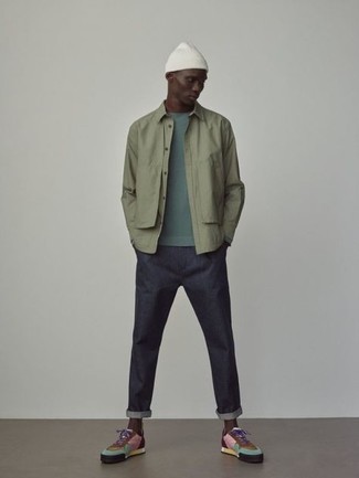 Men's Multi colored Canvas Low Top Sneakers, Navy Chinos, Mint Long Sleeve T-Shirt, Olive Shirt Jacket