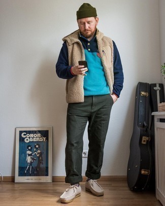 Men's Beige Canvas Desert Boots, Dark Green Chinos, Aquamarine Fleece Mock-Neck Sweater, Tan Fleece Gilet