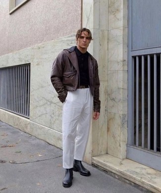 Dark Brown Biker Jacket Outfits For Men: 