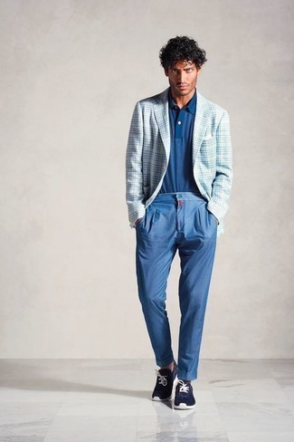 Light Blue Gingham Blazer Outfits For Men: 