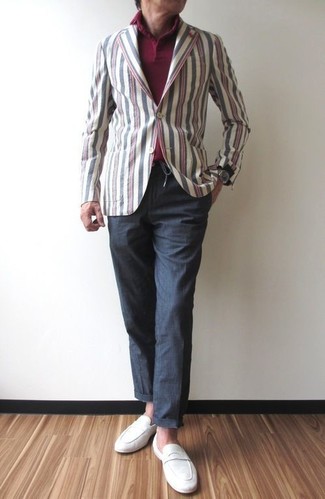 Men's White Suede Loafers, Charcoal Chinos, Burgundy Polo, Multi colored Vertical Striped Cotton Blazer