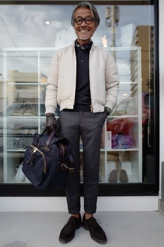 Men's Dark Brown Suede Oxford Shoes, Charcoal Chinos, Black Polo, White Bomber Jacket