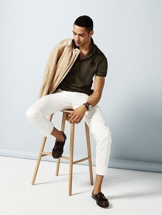 Beige Suede Bomber Jacket Outfits For Men: 
