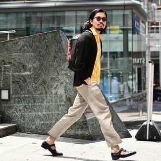Men's Black Woven Leather Loafers, Grey Linen Chinos, Mustard Polo, Black Cardigan
