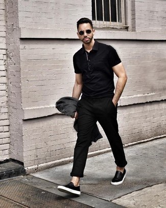 Black Polo with Denim Jacket Outfits For Men: 