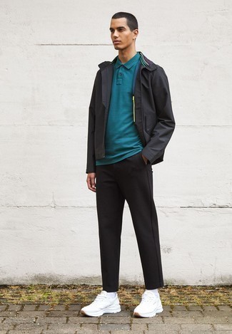 Men's White Athletic Shoes, Black Chinos, Teal Polo, Charcoal Field Jacket