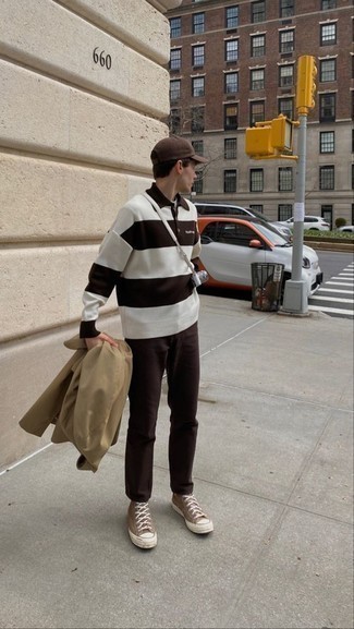 Men's Brown Canvas High Top Sneakers, Dark Brown Chinos, White Horizontal Striped Polo Neck Sweater, Tan Trenchcoat