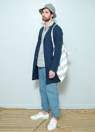 Men's White Canvas Low Top Sneakers, Light Blue Chinos, White and Blue Horizontal Striped Polo, Navy Raincoat