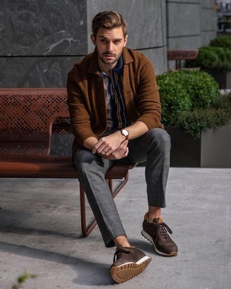 Men's Dark Brown Athletic Shoes, Charcoal Plaid Chinos, Navy Vertical Striped Polo, Brown Wool Shirt Jacket