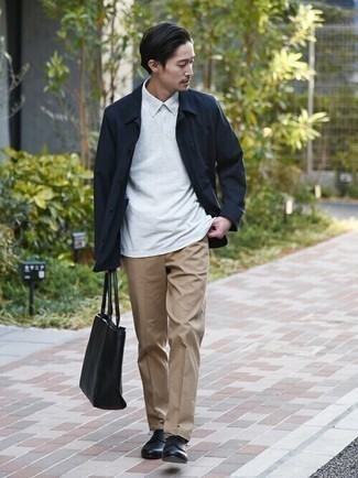 Navy Shirt Jacket with Black Leather Derby Shoes Outfits: 