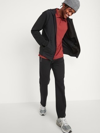 Men's Grey Athletic Shoes, Black Chinos, Red Polo, Black Windbreaker