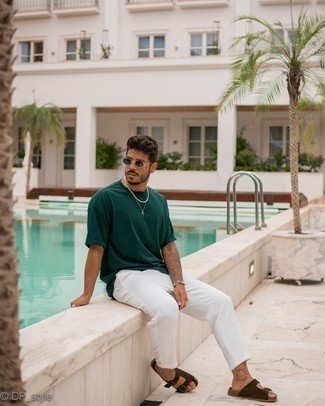 White Chinos Outfits: For an outfit that provides practicality and dapperness, wear white chinos. On the fence about how to finish? Make dark brown suede sandals your footwear choice to mix things up.