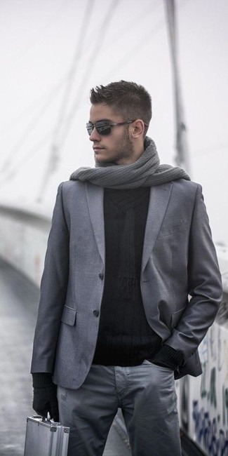 Men's Grey Knit Scarf, Grey Chinos, Black Shawl-Neck Sweater, Grey Wool Blazer