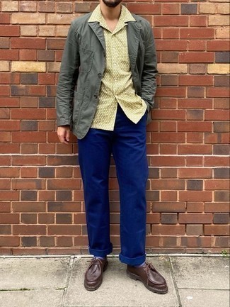 Olive Cotton Blazer Outfits For Men: 