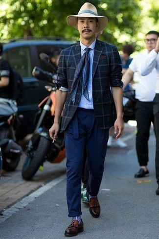 Navy Plaid Blazer with Navy Chinos Outfits: 