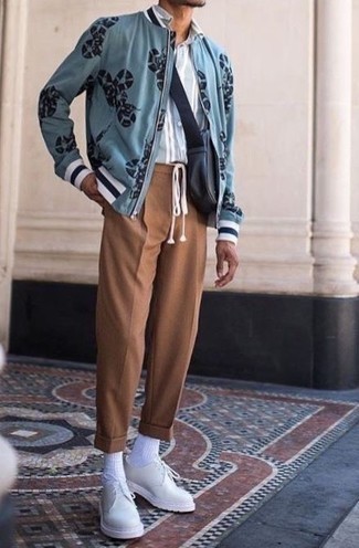 Light Blue Print Bomber Jacket Outfits For Men: 