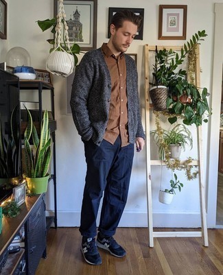 Men's Navy and White Athletic Shoes, Navy Chinos, Brown Short Sleeve Shirt, Charcoal Cardigan