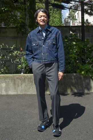 Navy Denim Jacket Outfits For Men: 