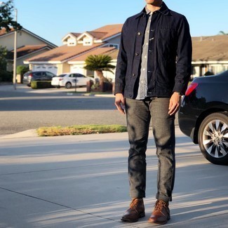 Men's Brown Leather Casual Boots, Charcoal Chinos, Grey Chambray Short Sleeve Shirt, Navy Denim Jacket