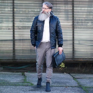 Men's Navy Leather Chelsea Boots, Grey Chinos, White Short Sleeve Shirt, Navy Puffer Jacket