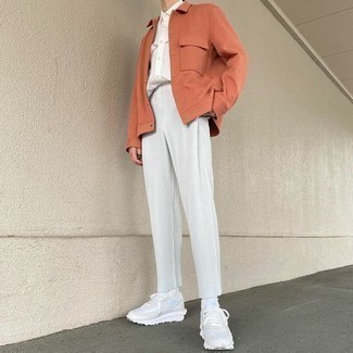 Men's White Athletic Shoes, White Chinos, White Short Sleeve Shirt, Orange Shirt Jacket