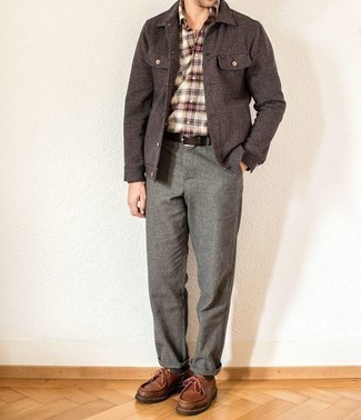 Dark Brown Wool Shirt Jacket Outfits For Men: 