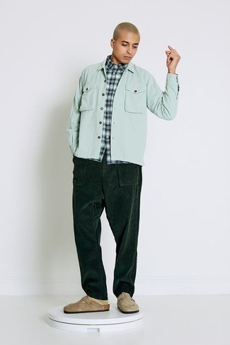Men's Tan Suede Loafers, Dark Green Corduroy Chinos, Mint Plaid Short Sleeve Shirt, Mint Shirt Jacket