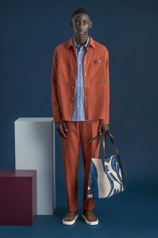 Men's Brown Suede Slip-on Sneakers, Orange Chinos, Light Blue Vertical Striped Short Sleeve Shirt, Orange Shirt Jacket