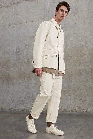 Beige Shirt Jacket Warm Weather Outfits For Men: 