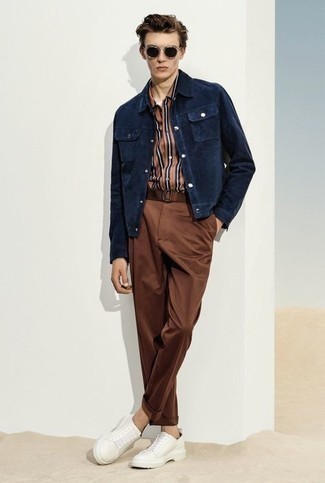 Blue Corduroy Shirt Jacket Outfits For Men: 
