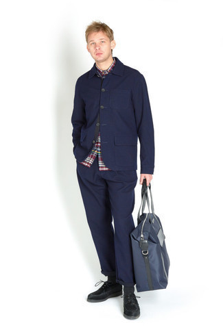 Men's Black Suede Derby Shoes, Navy Chinos, Multi colored Plaid Short Sleeve Shirt, Navy Shirt Jacket