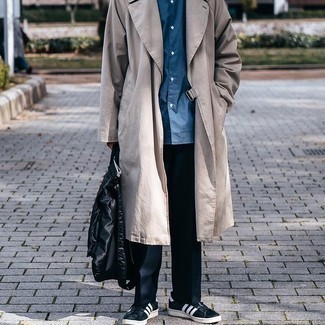 Men's Black and White Suede Low Top Sneakers, Navy Chinos, Blue Short Sleeve Shirt, Beige Trenchcoat