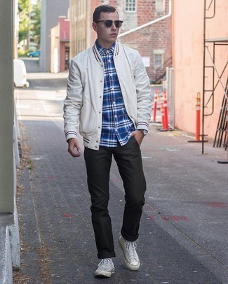 Men's White Canvas High Top Sneakers, Charcoal Chinos, Navy Plaid Short Sleeve Shirt, White Varsity Jacket