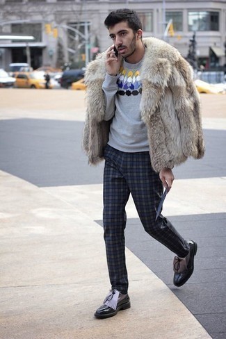 Beige Fur Bomber Jacket Outfits For Men: 